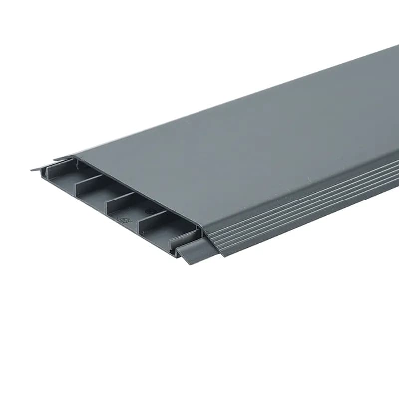 The above floor raceway is a non-metallic, 4 channel surface raceway used to route, protect, and conceal data, voice, video, fiber optic and power cabling over floors. The structurally engineered design is ADA compliant, tamper resistant and made of rigid PVC. It is 6 feet long and is Office Slate.