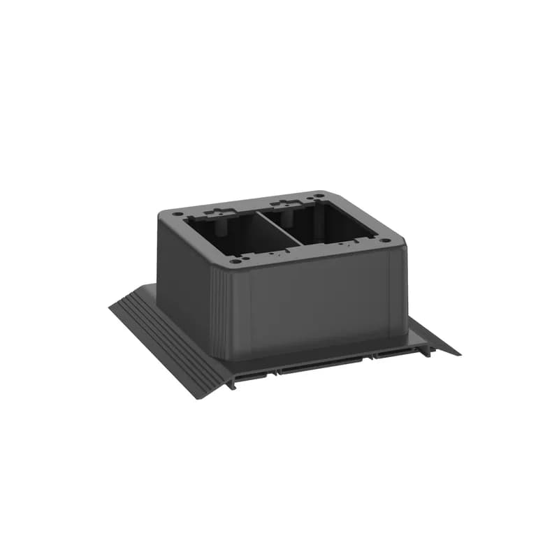 The above floor raceway junction box is a fitting designed for use with the above floor raceway channel AFR4BCBL6. It is a double-gang box used to house any two combinations of outlets or switches. It is black.
