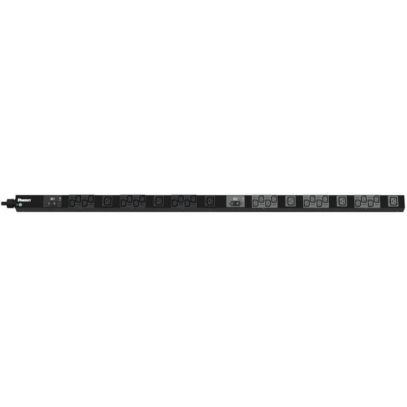 This Panduit G5 Basic PDU features (24) C13 and (6) C19 outlets. It is a 32 amp, 230 V, single phase PDU with an IEC 60309 2P+E 6h 32A (IP44) input plug and a 10 foot (3m) power cord. The PDU is black.