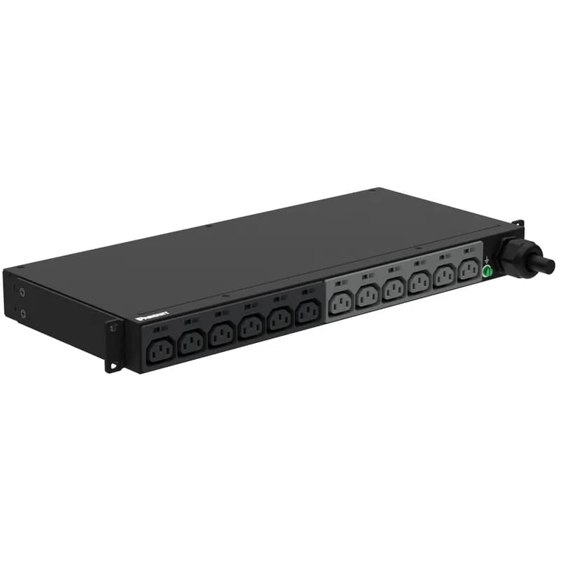 This Panduit G5 Basic PDU features (12) C13 outlets. It is a 32 amp, 230 V, single phase PDU with an IEC 60309 2P+E 6h 32A (IP44) input plug and a 10 foot (3m) power cord. The PDU is black.