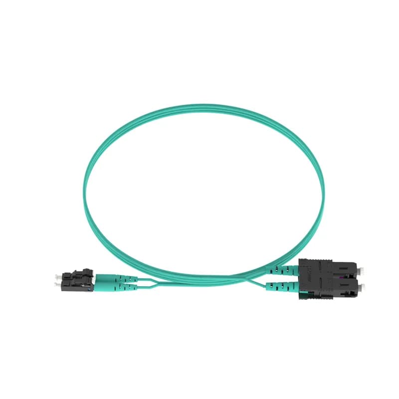 The duplex fiber patch cord is OM3 with a 1.6mm jacket. It is Riser (OFNR) rated and features LC Duplex to SC Duplex connectors. It has standard insertion loss and is 3 meters in length.