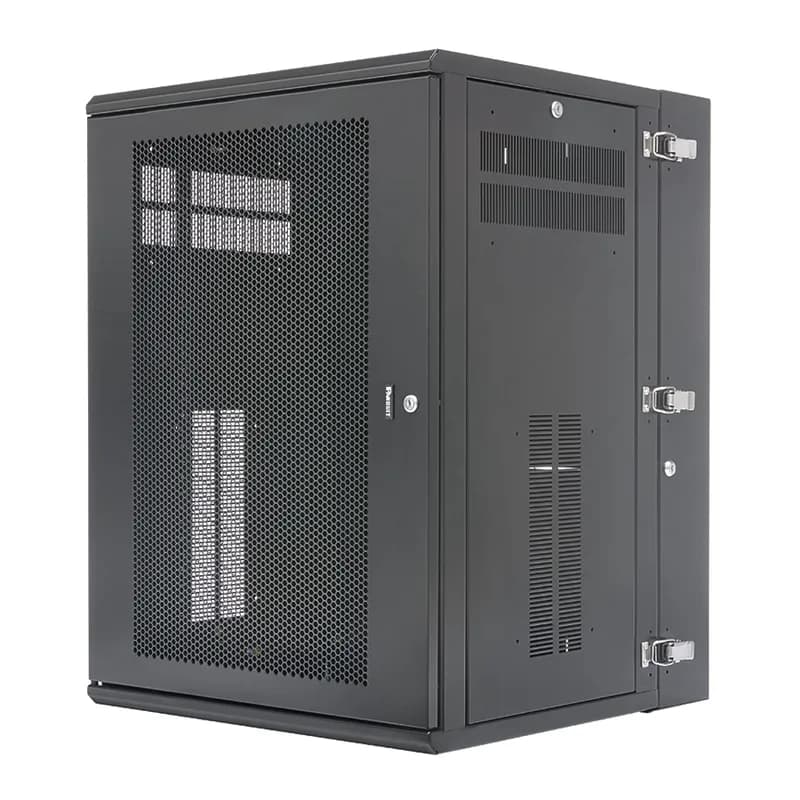 The PanZone Wall Mount Cabinet with perforated door is 25 inches deep and includes hinged doors on the front and back for complete access to networking equipment to make moves, adds, and changes easy. The removable side panels allow for access to cable routing. The enclosure is engineered to allow proper climate control for use with various networking equipment. The 18 RU enclosure is rated to 300 pounds and is black.