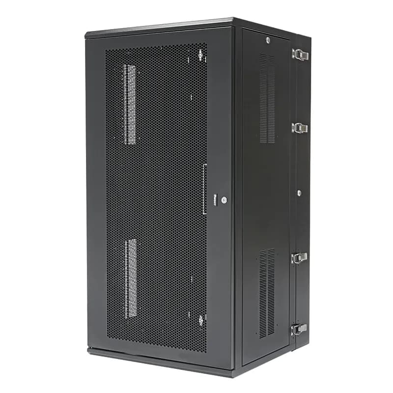 The PanZone Wall Mount Cabinet with perforated door is 25 inches deep and includes hinged doors on the front and back for complete access to networking equipment to make moves, adds, and changes easy. The removable side panels allow for access to cable routing. The enclosure is engineered to allow proper climate control for use with various networking equipment. The 26 RU enclosure is rated to 350 pounds and is black.
