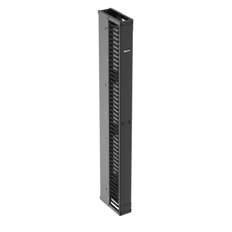 The PatchRunner 2 Enhanced Vertical Cable Manager pairs ultra-high-density capability and versatility with its unique zero RU patching feature. The partially assembled manager installs easily to speed up deployment. The single-sided manager has a metal backbone with molded plastic fingers, and includes one full-length metal, dual-hinging, push-to-close door. The manager is 45 RU, 6 inches wide, 6 bonus vertical RU, and is black.