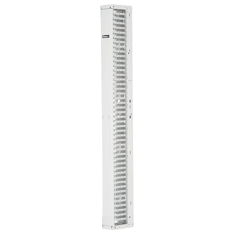 The PatchRunner 2 Vertical Cable Manager pairs ultra-high-density capability and versatility, freeing up valuable floor space. The fully pre-assembled manager lowers overall costs. The single-sided manager has a metal backbone with molded plastic fingers, and includes one full-length metal, dual-hinging, push-to-close door. The manager is 52 RU, 6 inches wide, and is white.