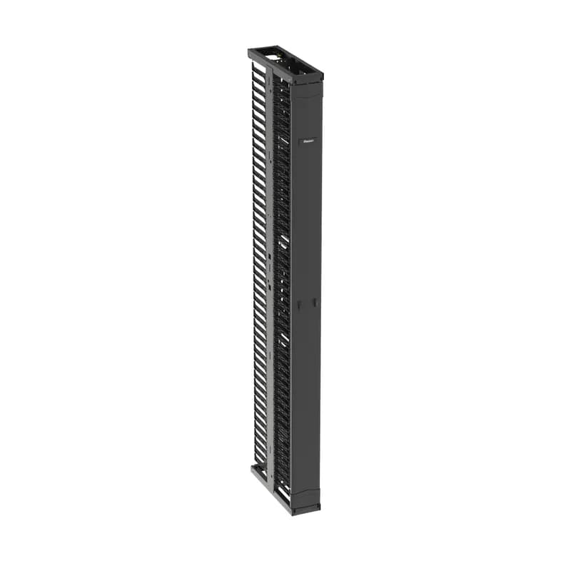 The PatchRunner 2 Vertical Cable Manager pairs ultra-high-density capability and versatility, freeing up valuable floor space. The fully pre-assembled manager lowers overall costs. The dual-sided manager has a metal backbone with molded plastic fingers, and includes one full-length metal, dual-hinging, push-to-close door. The manager is 45 RU, 6 inches wide, and is black.