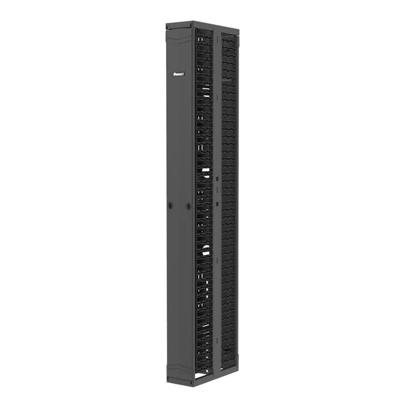 The PatchRunner 2 Vertical Cable Manager combines high-density capability and versatility, freeing up valuable floor space. The fully pre-assembled manager lowers overall costs. The dual-sided manager has a metal backbone with molded plastic fingers, and includes two full-length metal, dual-hinging, push-to-close doors. The manager is 45 RU, 8 inches wide, and is black.