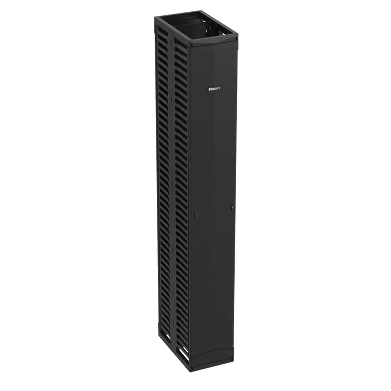 The PatchRunner 2 Vertical Cable Manager combines high-density capability and versatility, freeing up valuable floor space. The fully pre-assembled manager lowers overall costs. The dual-sided manager has a metal backbone with molded plastic fingers, and includes two full-length metal, dual-hinging, push-to-close doors. The manager is 45 RU, 12 inches wide, and is black.