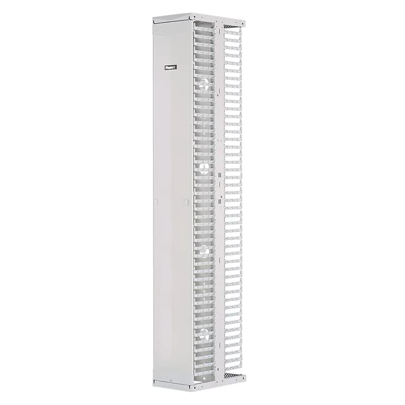 The PatchRunner 2 Vertical Cable Manager pairs ultra-high-density capability and versatility, freeing up valuable floor space. The fully pre-assembled manager lowers overall costs. The dual-sided manager has a metal backbone with molded plastic fingers, and includes one full-length metal, dual-hinging, push-to-close door. The manager is 45 RU, 6 inches wide, and is white.