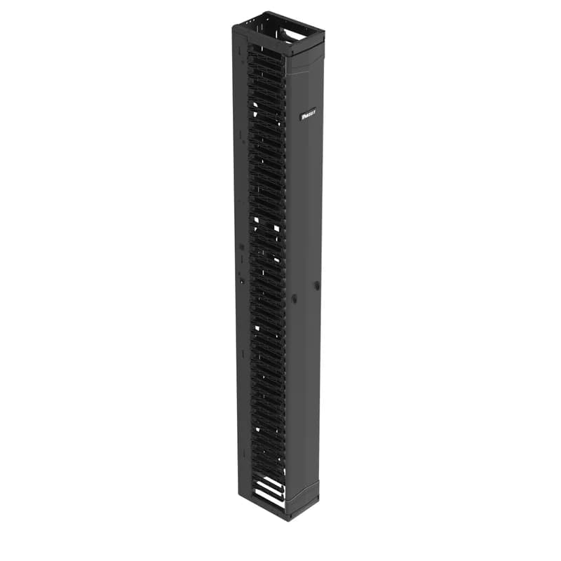 The PatchRunner 2 Vertical Cable Manager pairs ultra-high-density capability and versatility, freeing up valuable floor space. The fully pre-assembled manager lowers overall costs. The single-sided manager has a metal backbone with molded plastic fingers, and includes one full-length metal, dual-hinging, push-to-close door. The manager is 45 RU, 8 inches wide, and is black.
