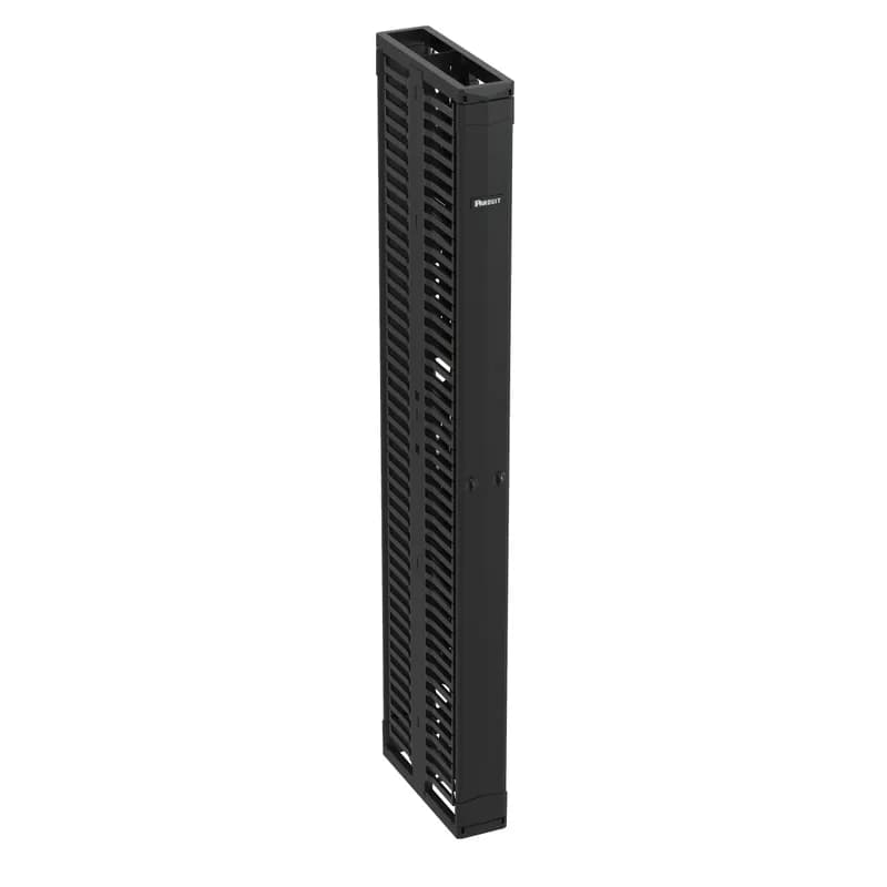 The PatchRunner 2 Vertical Cable Manager combines high-density capability and versatility, freeing up valuable floor space. The fully pre-assembled manager lowers overall costs. The dual-sided manager has a metal backbone with molded plastic fingers, and includes two full-length metal, dual-hinging, push-to-close doors. The manager is 45 RU, 6 inches wide, and is black.