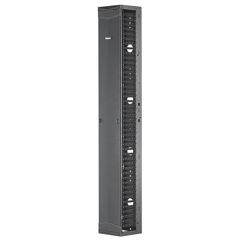 The PatchRunner 2 Vertical Cable Manager pairs ultra-high-density capability and versatility, freeing up valuable floor space. The fully pre-assembled manager lowers overall costs. The single-sided manager has a metal backbone with molded plastic fingers, and includes one full-length metal, dual-hinging, push-to-close door. The manager is 52 RU, 12 inches wide, and is black.