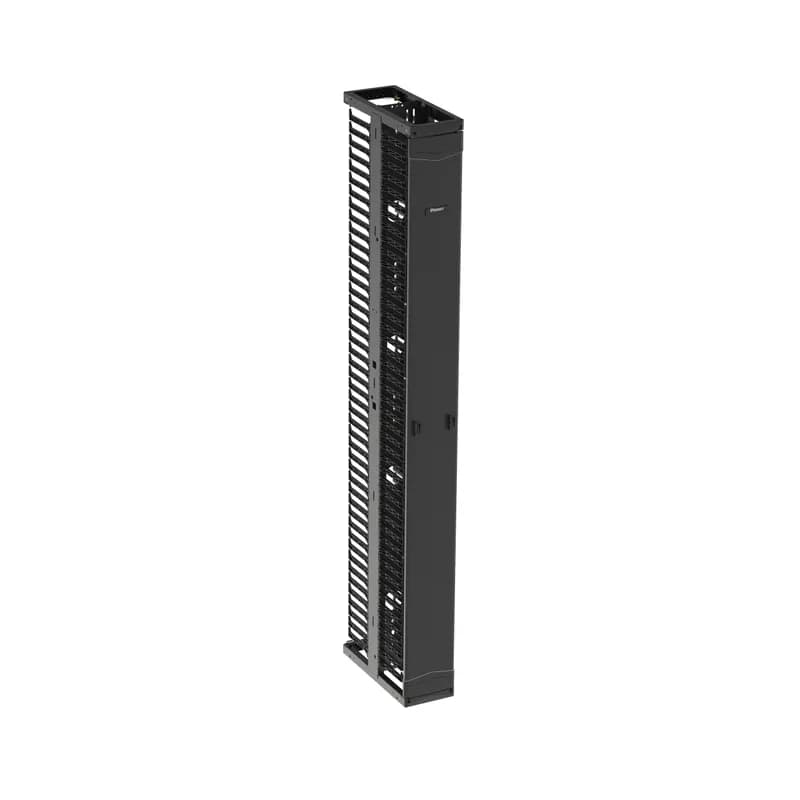 The PatchRunner 2 Vertical Cable Manager pairs ultra-high-density capability and versatility, freeing up valuable floor space. The fully pre-assembled manager lowers overall costs. The dual-sided manager has a metal backbone with molded plastic fingers, and includes one full-length metal, dual-hinging, push-to-close door. The manager is 45 RU, 8 inches wide, and is black.