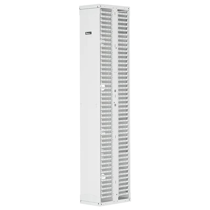 The PatchRunner 2 Vertical Cable Manager combines high-density capability and versatility, freeing up valuable floor space. The fully pre-assembled manager lowers overall costs. The dual-sided manager has a metal backbone with molded plastic fingers, and includes two full-length metal, dual-hinging, push-to-close doors. The manager is 52 RU, 10 inches wide, and is white.