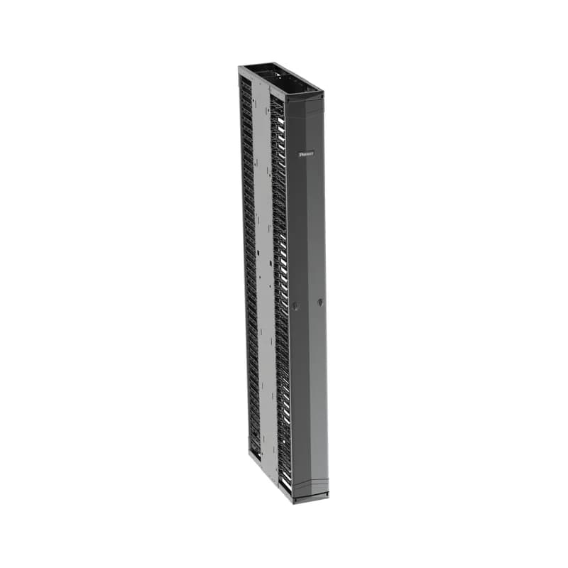 The PatchRunner 2 Enhanced Vertical Cable Manager pairs ultra-high-density capability and versatility with its unique zero RU patching feature. The partially assembled manager installs easily to speed up deployment. The dual-sided manager has a metal backbone with molded plastic fingers, and includes two full-length metal, dual-hinging, push-to-close doors. The manager is 45 RU, 6 inches wide, 6 bonus vertical RU, and is black.