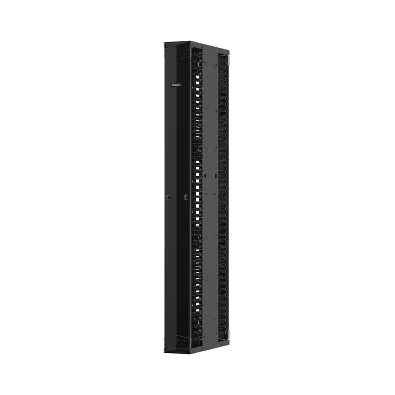 The PatchRunner 2 Enhanced Vertical Cable Manager pairs ultra-high-density capability and versatility with its unique zero RU patching feature. The partially assembled manager installs easily to speed up deployment. The dual-sided manager has a metal backbone with molded plastic fingers, and includes two full-length metal, dual-hinging, push-to-close doors. The manager is 45 RU, 12 inches wide, 15 bonus vertical RU, and is black.