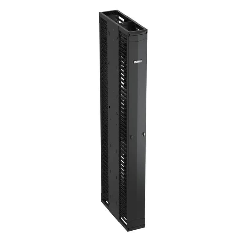 The PatchRunner 2 Enhanced Vertical Cable Manager pairs ultra-high-density capability and versatility with its unique zero RU patching feature. The partially assembled manager installs easily to speed up deployment. The dual-sided manager has a metal backbone with molded plastic fingers, and includes two full-length metal, dual-hinging, push-to-close doors. The manager is 45 RU, 8 inches wide, 9 bonus vertical RU, and is black.