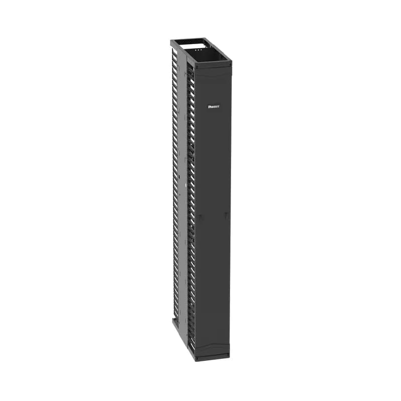 The PatchRunner 2 Enhanced Vertical Cable Manager pairs ultra-high-density capability and versatility with its unique zero RU patching feature. The partially assembled manager installs easily to speed up deployment. The dual-sided manager has a metal backbone with molded plastic fingers, and includes one full-length metal, dual-hinging, push-to-close door. The manager is 45 RU, 10 inches wide, 12 bonus vertical RU, and is black.
