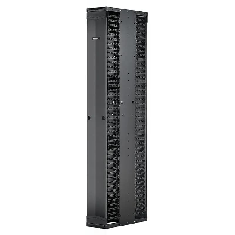 The PatchRunner 2 Enhanced Vertical Cable Manager pairs ultra-high-density capability and versatility with its unique zero RU patching feature. The partially assembled manager installs easily to speed up deployment. The dual-sided manager has a metal backbone with molded plastic fingers, and includes one full-length metal, dual-hinging, push-to-close door. The manager is 52 RU, 6 inches wide, 6 bonus vertical RU, and is black.