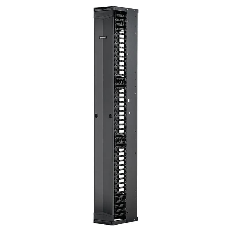The PatchRunner 2 Enhanced Vertical Cable Manager pairs ultra-high-density capability and versatility with its unique zero RU patching feature. The partially assembled manager installs easily to speed up deployment. The single-sided manager has a metal backbone with molded plastic fingers, and includes one full-length metal, dual-hinging, push-to-close door. The manager is 52 RU, 6 inches wide, 6 bonus vertical RU, and is black.