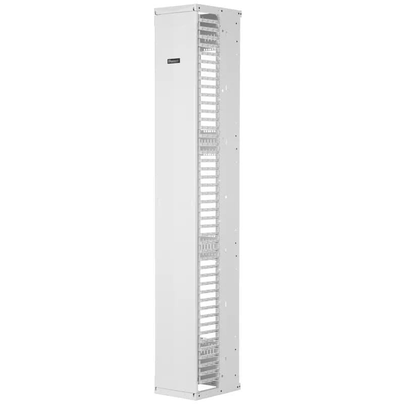 The PatchRunner 2 Enhanced Vertical Cable Manager pairs ultra-high-density capability and versatility with its unique zero RU patching feature. The partially assembled manager installs easily to speed up deployment. The single-sided manager has a metal backbone with molded plastic fingers, and includes one full-length metal, dual-hinging, push-to-close door. The manager is 52 RU, 12 inches wide, 15 bonus vertical RU, and is white.