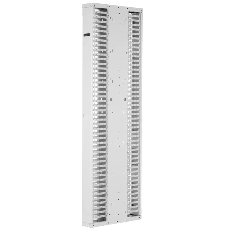 The PatchRunner 2 Enhanced Vertical Cable Manager pairs ultra-high-density capability and versatility with its unique zero RU patching feature. The partially assembled manager installs easily to speed up deployment. The dual-sided manager has a metal backbone with molded plastic fingers, and includes two full-length metal, dual-hinging, push-to-close doors. The manager is 52 RU, 8 inches wide, 9 bonus vertical RU, and is white.