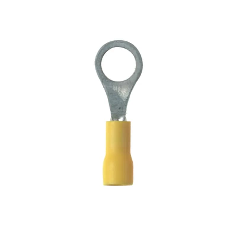 Ring Terminal, 26 22 AWG, #8 stud size, vinyl insulated, funnel entry, standard package.