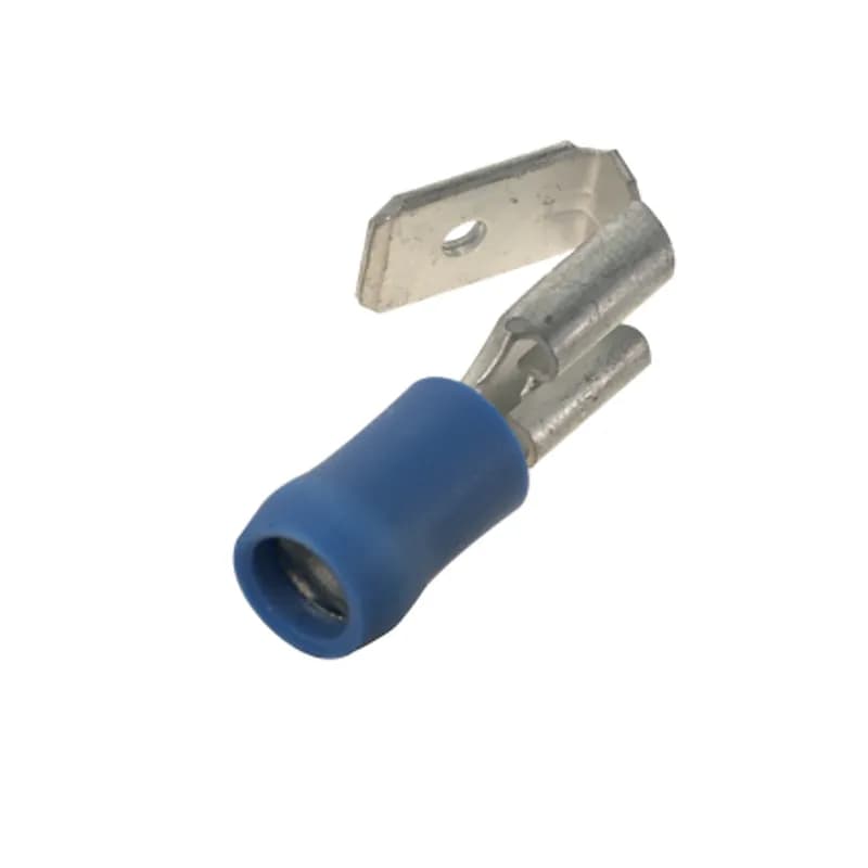 Panduit DV14-250P-LYY - The vibration resistant piggyback disconnect is made of brass and is tin-plated. It is barrel insulated in blue vinyl housing. It has a tab size of 0.250 x 0.032" (6.3 x 0.8 mm) and supports a wire range of 16-14 AWG (1.5-2.5 mm ). It is 0.88" (22.4 mm) long and 0.29" (7.4 mm) wide. The disconnect has a standard barrel configuration and a sleeved barrel. It comes in bottles of 50.