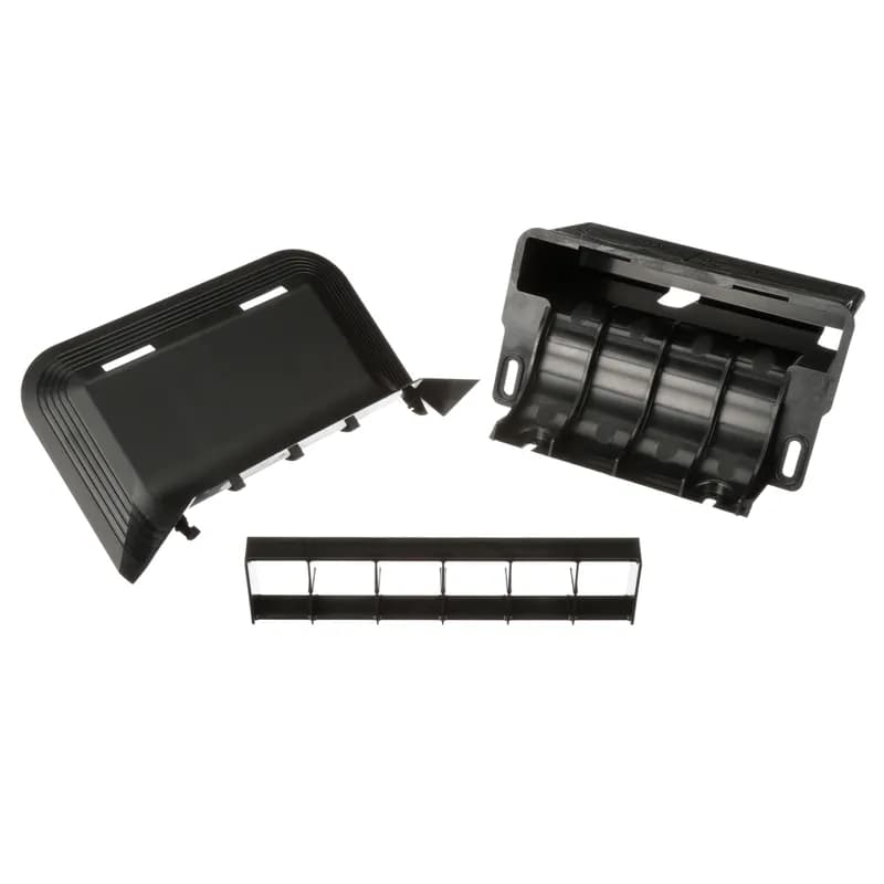 The above floor raceway wall transition fitting is a fitting designed for use with the above floor raceway channel AFR4BCBL6. The above floor raceway wall transition fitting helps to run cables from the floor directly into the wall. It is black.