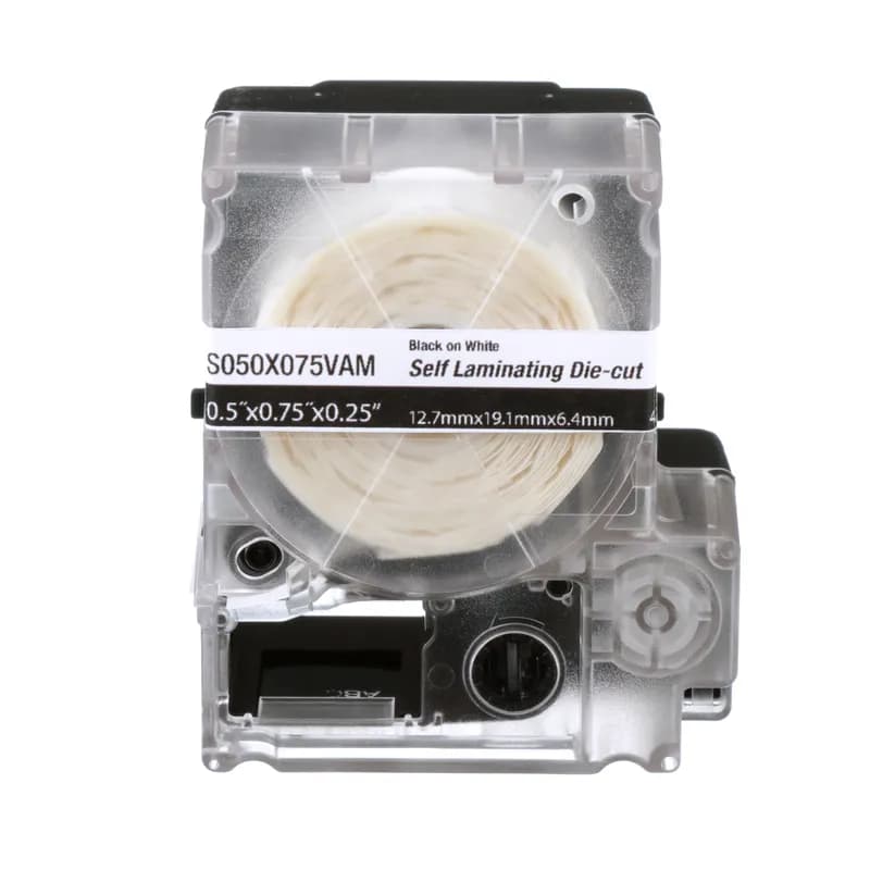 Panduit S100X125VAM - The S100X125VAM Die-Cut Self-Laminating Label Cassette includes both label material and ribbon for easy changeover. Self-laminating adhesive labels for wire/cable identification include a white print-on area and a clear overlaminate. For use with the MP300 printer. Vinyl. 1" x 1.25" (25.4 mm x 31.8 mm). Wire/Cable Size Range 12 - 10 AWG. Color Clear/White. 200 labels per cassette. 1 cassette per package.