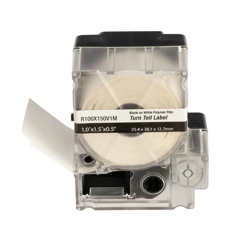 Panduit R100X150V1M - Panduit R100X150V1M Turn-Tell label cassettes, have an innovative design that allows label rotation to any angle for improved visibility, aesthetics, and easy repositioning. Label is 1.0" x 1.5 with 1.0" x 0.5" white print-on area and clear overlaminate. It can easily be installed on existing terminated wires and assemblies and does not require disconnecting wires or cables. For use with Panduit MP series printers. 100 labels per cassette.