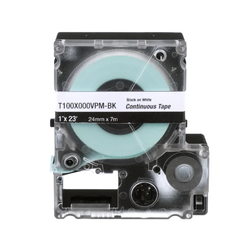 The T150X000YKM-BK Continuous Tape Cassette includes both label material and ribbon for easy changeover. Print custom pipe markers, voltage markers, signs, bin markers, and network identification labels on demand. For flat label applications only. For use with the MP300 printer. Polyester. 1.5" x 30' (36 mm x 9.1 m). Color Black on Clear. 1 cassette per package.