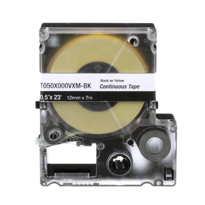 The T038X000VXM-BK Continuous Tape Cassette includes both label material and ribbon for easy changeover. Print custom pipe markers, voltage markers, signs, bin markers, and network identification labels on demand. For flat label applications only. For use with the MP100 and MP300 printers. Vinyl. 0.38" x 23' (9 mm x 7 m). Color Black on Yellow. 1 cassette per package.
