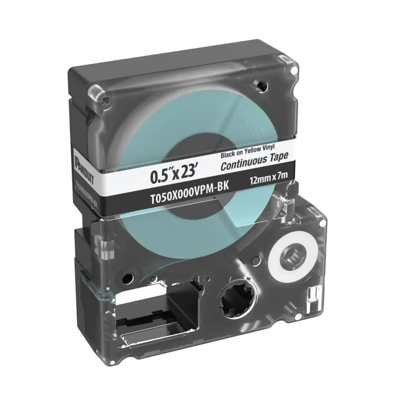The T050X000VPM-BK Continuous Tape Cassette includes both label material and ribbon for easy changeover. Print custom pipe markers, voltage markers, signs, bin markers, and network identification labels on demand. For flat label applications only. For use with the MP100 and MP300 printers. Vinyl. 0.50" x 23' (12 mm x 7 m). Color Black on White. 1 cassette per package.