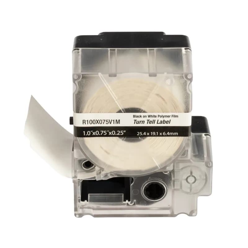 Panduit R100X075V1M - The R100X075V1M Self-Laminating Turn-Tell Label Cassette includes both label material and ribbon for easy changeover. The label design allows rotation for visibility from any angle - reposition on the wire/cable to align legends and improve aesthetics. Can be easily installed on existing terminated wires and assemblies without disconnecting the wires/cables. For use with the MP300 printer. Vinyl. 1" x 0.75" (25.4 mm x 19.1 mm). Color Clear/White. 175 labels per cassette. 1 cassette per package.