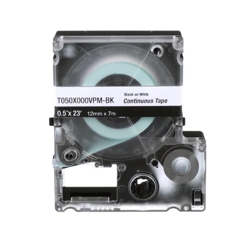 The T038X000VPM-BK Continuous Tape Cassette includes both label material and ribbon for easy changeover. The label cassette contains an integrated memory device for automatic formatting, recall of last legend used, and the number of labels remaining in the cassette. For use with MP100 and MP300 printers. Vinyl. 0.38" x 23' (9.6 mm x 7 m). Color Black on White. 1 cassette per package.