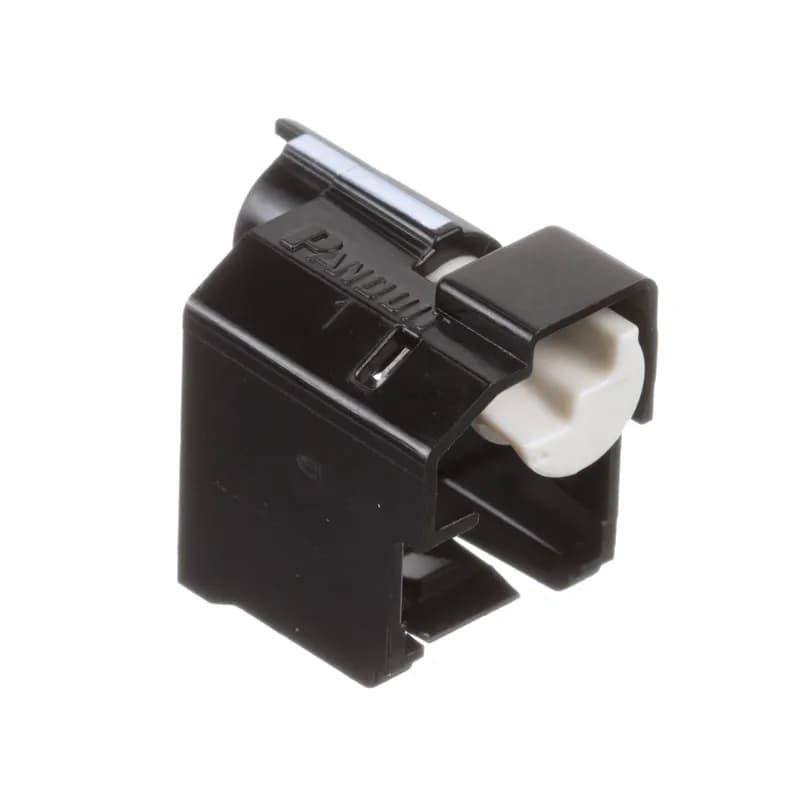 The Lock-In device secures patch cord connections to prevent unauthorized access or accidental removal. Standard device is used when jacks mount flush with the surface. Extended hood protects locking mechanism. Includes 10 black devices and one removal tool.