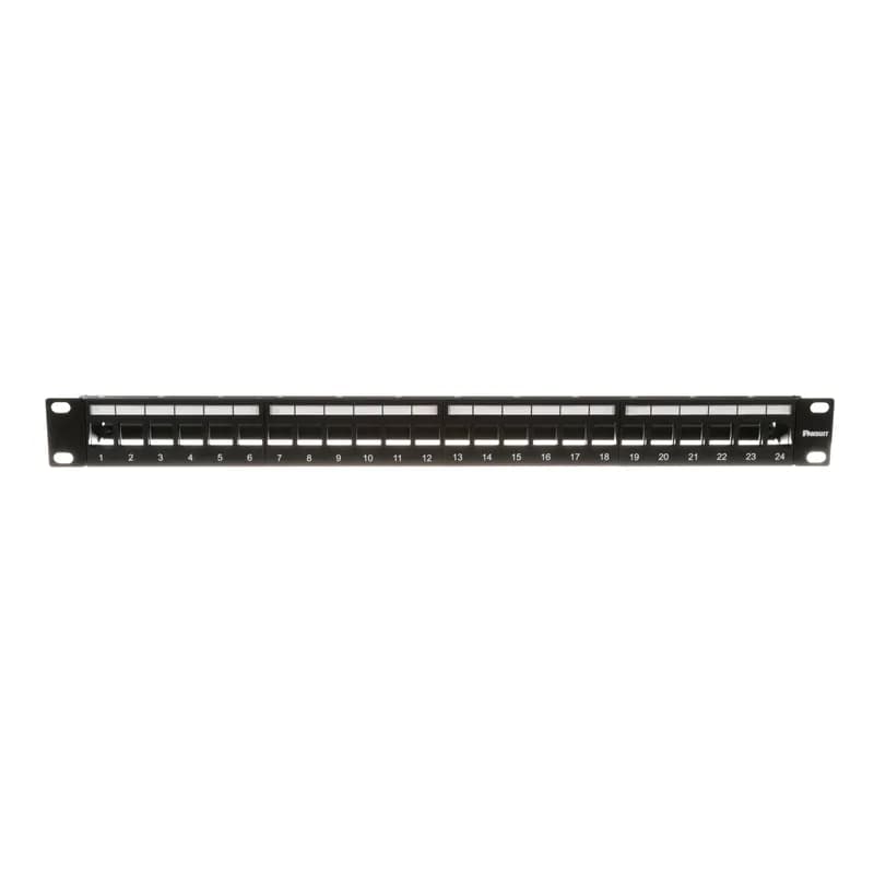 The keystone shielded patch panel accepts up to 24 keystone shielded jack modules in 1 RU and mounts to 19 inch and 23 inch racks and cabinets. It has a flat design and is made of stainless steel construction. The panel includes a built-in strain relief bar, label pockets for easy identification, and is black.