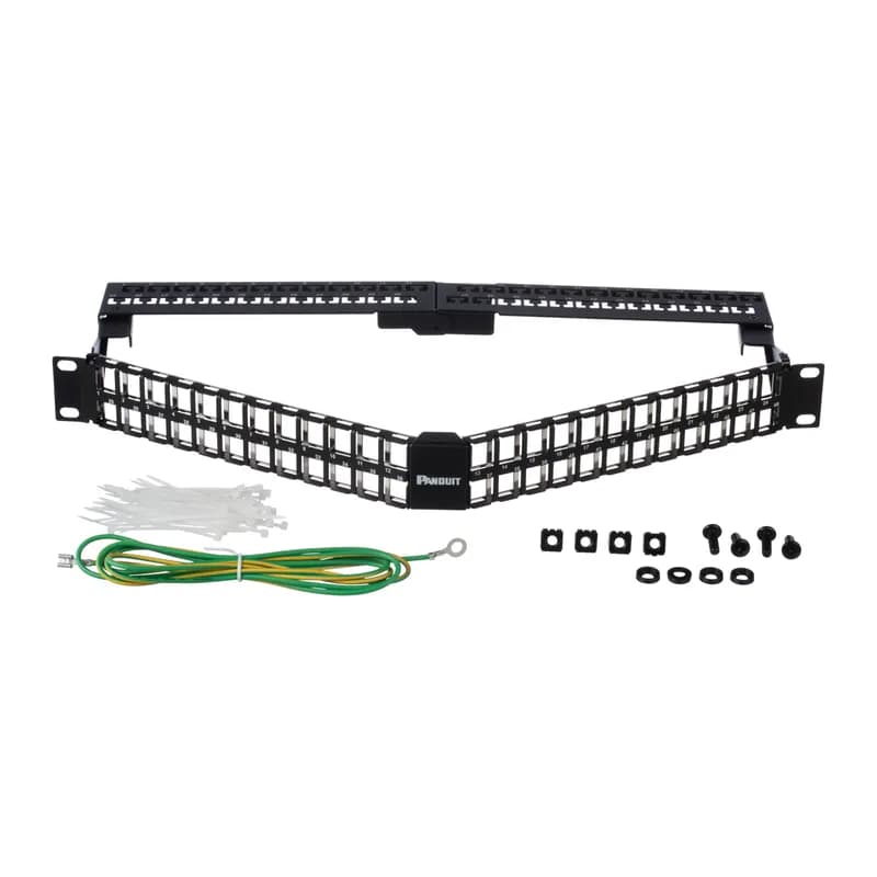 The keystone shielded angled patch panel accepts up to 48 keystone shielded jack modules in 1 RU and mounts to 19 inch and 23 inch racks and cabinets. It has an angled design and includes a built-in strain relief bar, label pockets for easy identification, and is black.