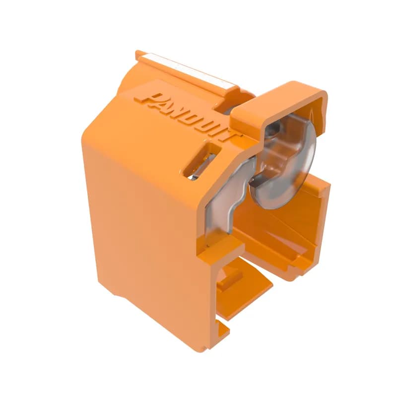 The Lock-In device secures patch cord connections to prevent unauthorized access or accidental removal. Recessed device is used when jacks mount slightly deeper from the surface. Extended hood protects locking mechanism. Includes 10 orange devices and one removal tool.