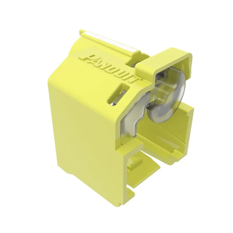 The Lock-In device secures patch cord connections to prevent unauthorized access or accidental removal. Recessed device is used when jacks mount slightly deeper from the surface. Extended hood protects locking mechanism. Includes 10 yellow devices and one removal tool.