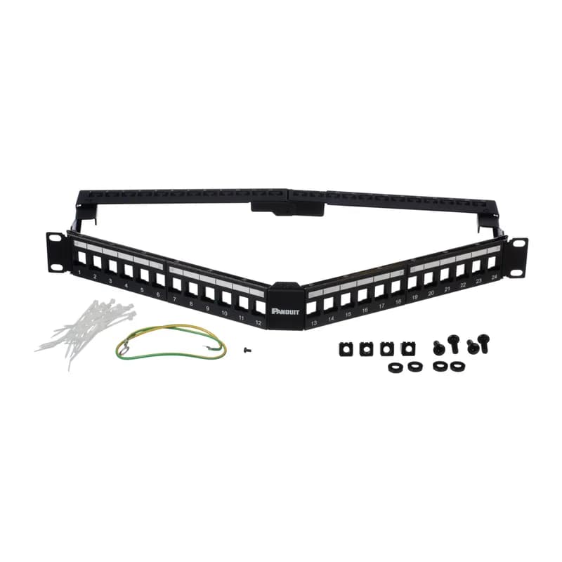The keystone shielded angled patch panel accepts up to 24 keystone shielded jack modules in 1 RU and mounts to 19 inch and 23 inch racks and cabinets. It has an angled design and includes a built-in strain relief bar, label pockets for easy identification, and is black.