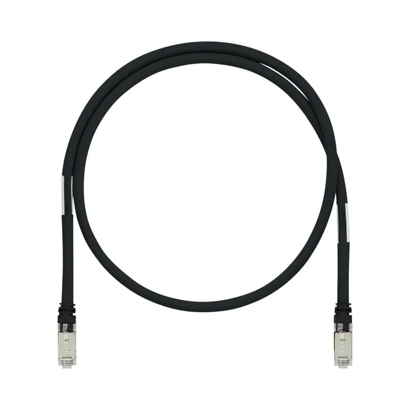 The IndustrialNet Cat 5e Shielded Patch Cord is constructed of industrial grade, 26 AWG, SF/UTP, twisted pair, stranded, CM cable with industrial bulkhead shielded modular plugs with black strain relief boots. It is designed to support high-flex applications and is rated for 600 V panel or on-machine applications where space is shared with high voltage power cables. The patch cord is 3 meters in length and Black.