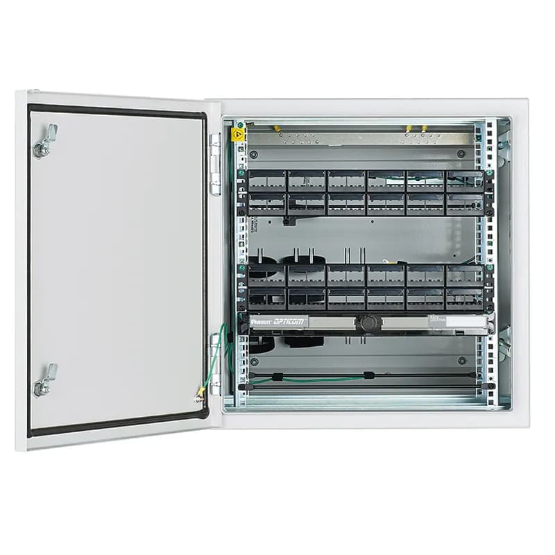 The pre-configured industrial distribution frame (IDF) is 12 RU and is made for two 19" rack mount switches. The IDF is engineered to deploy and protect 19" rack mount switches on the factory floor. The IDF protects switches, both physically and thermally in harsh industrial environments. The IDF includes keys, cage nut rails, one fiber tray, two patch panels, cable management, ground whips/bar/cable, DIN rail mounting provision, and cable/fiber/power penetration recommendation template.