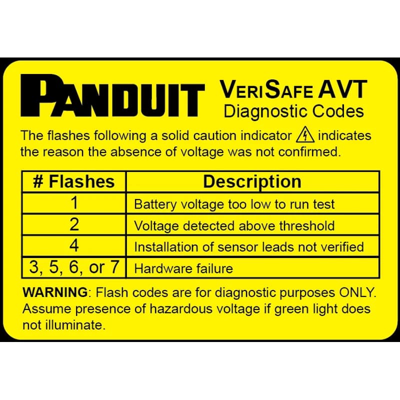 Panduit VS-AVT-DL - The VS-AVT-DL VeriSafe Absence of Voltage Tester Diagnostic Codes Label is designed to easily communicate the AVT flash codes. The recommended placement is on the control panel door near the VeriSafe Absence of Voltage Tester. 2.45 (62.12 mm) x 2.74 (44.09 mm). Labels are provided in English. Label color: Yellow. 5 labels per package.