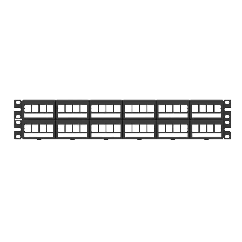 The NetKey Faceplate Modular Patch Panel accepts up to 48 keystone modules for unshielded applications in 2 RU and mounts to 19 inch and 23 inch racks and cabinets. The panel offers front access, includes labels and covers, and is black.