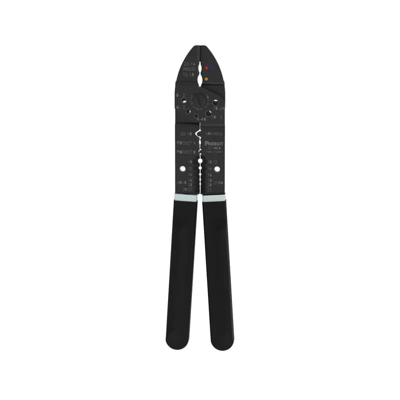 Panduit CT-100B - The CT-100B Pan-Term hand crimping tool is an excellent all-around application tool of heat-treated finished steel with a comfortable cushioned plastic grip handle. This tool is designed to crimp most Panduit #22-10 AWG insulated and non-insulated terminals, disconnects, and splices, cut wire, strip wire, and cut screws.