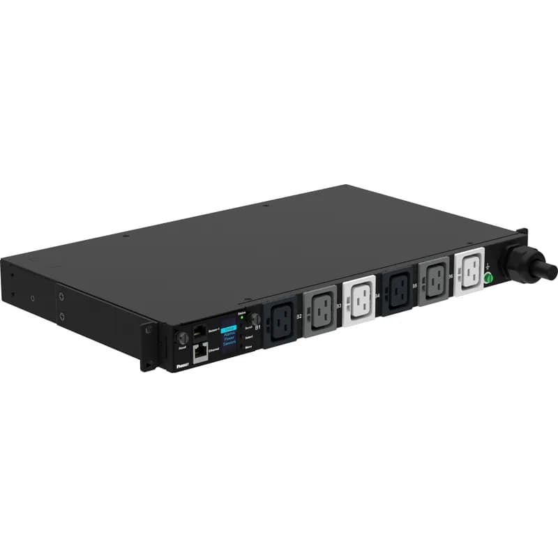 This Panduit G5 Monitored Input PDU features (6) C19 outlets. It is a 30 amp, 415 V, three phase PDU with an IEC 60309 3P+N+E 6h 30A (IP44) input plug and a 10 foot (3m) power cord.