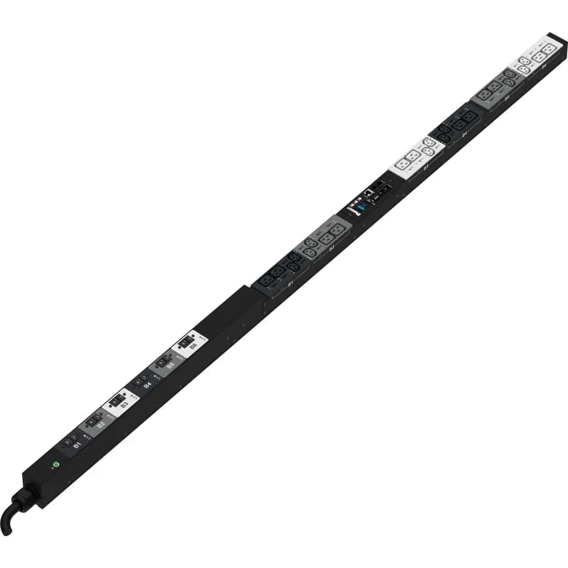 Panduit P24E09M - This Panduit G5 Monitored Switched PDU features (12) C13 and (12) C19 outlets. It is a 30 amp, 415 V, three phase PDU with an IEC 60309 3P+N+E 6h 30A (IP44) input plug and a 10 foot (3m) power cord.
