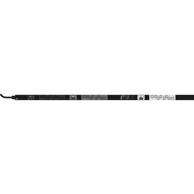 This Panduit G5 Monitored Per Outlet PDU features (18) C13 and (6) C19 outlets. It is a 30 amp, 415 V, three phase PDU with an IEC 60309 3P+N+E 6h 30A (IP44) input plug and a 10 foot (3m) power cord.